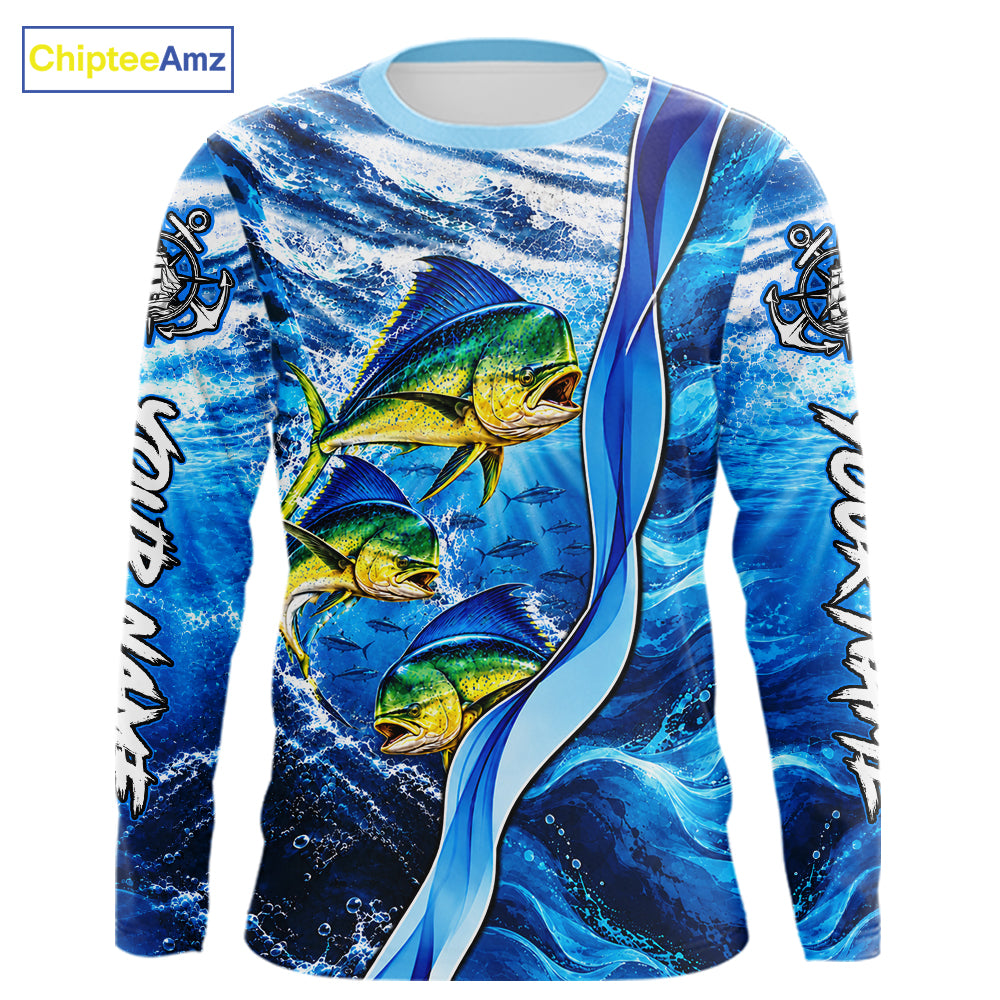 Personalized Mahi Mahi Fishing Shirt Long Sleeve Ocean Anchor Performance Angler Apparel NHT1821