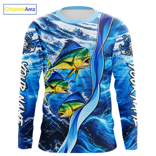Personalized Mahi Mahi Fishing Shirt Long Sleeve Ocean Anchor Performance Angler Apparel NHT1821