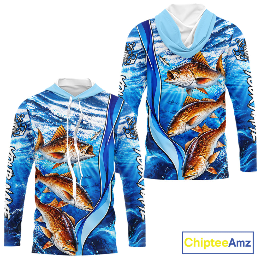 Personalized Redfish Fishing Shirt Hooded Long Sleeve Ocean Anchor Performance Angler Apparel NHT1822