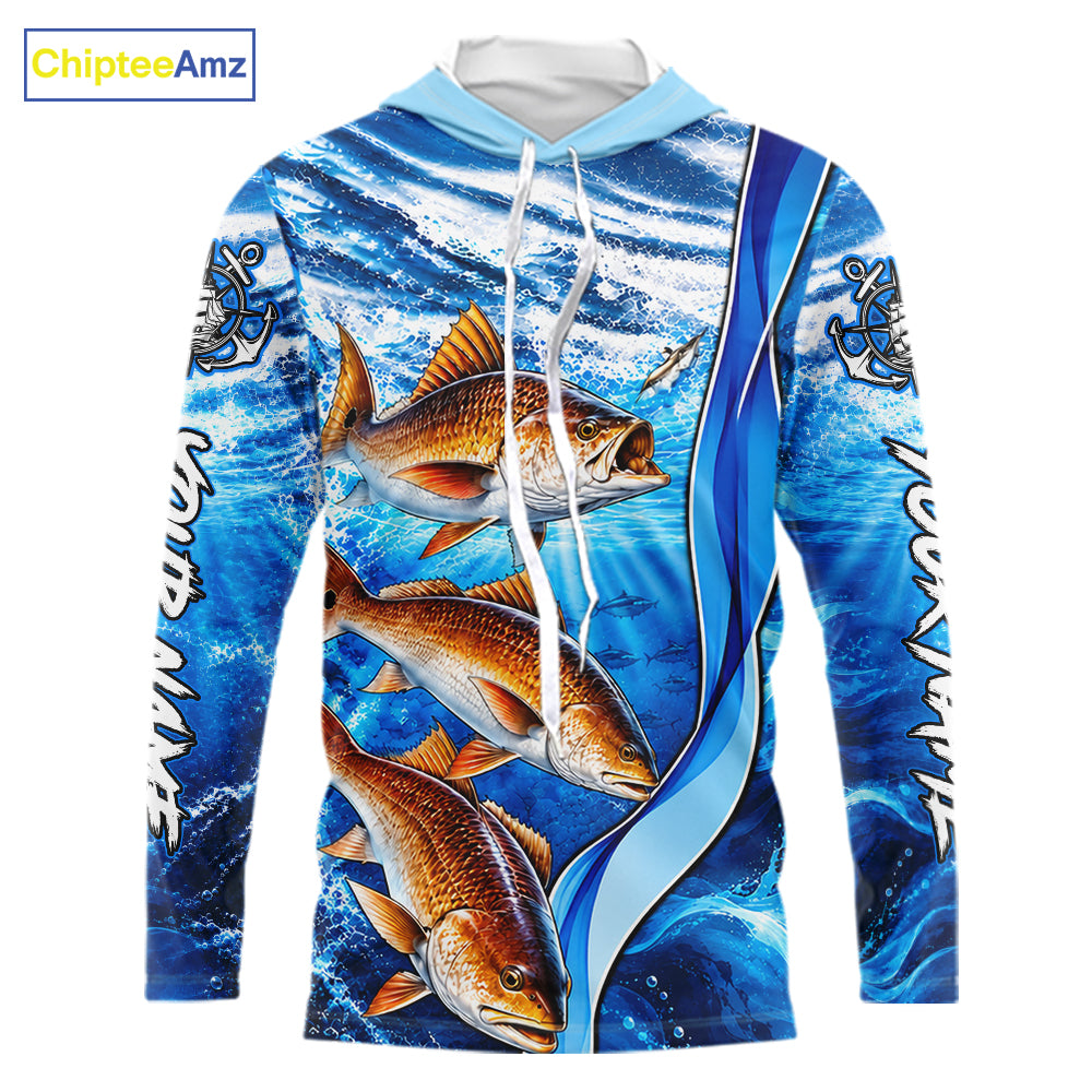Personalized Redfish Fishing Shirt Hooded Long Sleeve Ocean Anchor Performance Angler Apparel NHT1822