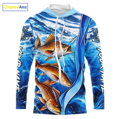 Personalized Redfish Fishing Shirt Hooded Long Sleeve Ocean Anchor Performance Angler Apparel NHT1822