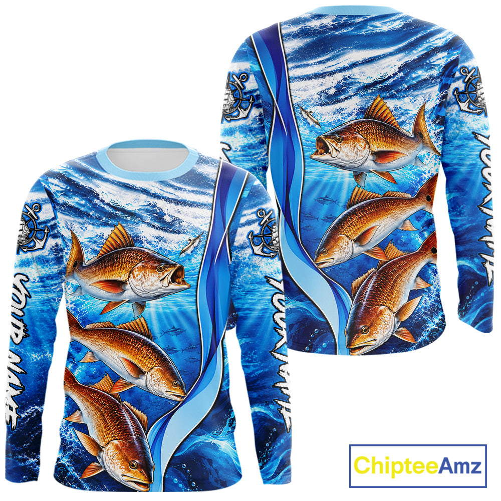 Personalized Redfish Fishing Shirt Long Sleeve Ocean Anchor Performance Angler Apparel NHT1822