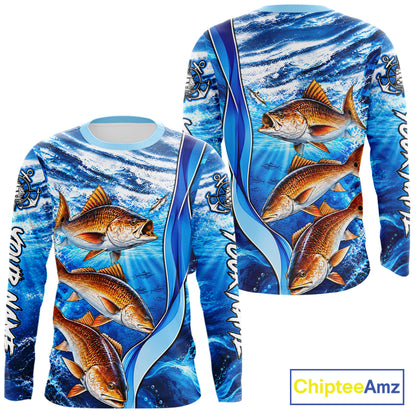 Personalized Redfish Fishing Shirt Long Sleeve Ocean Anchor Performance Angler Apparel NHT1822