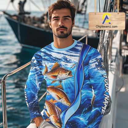 Personalized Redfish Fishing Shirt Long Sleeve Ocean Anchor Performance Angler Apparel NHT1822