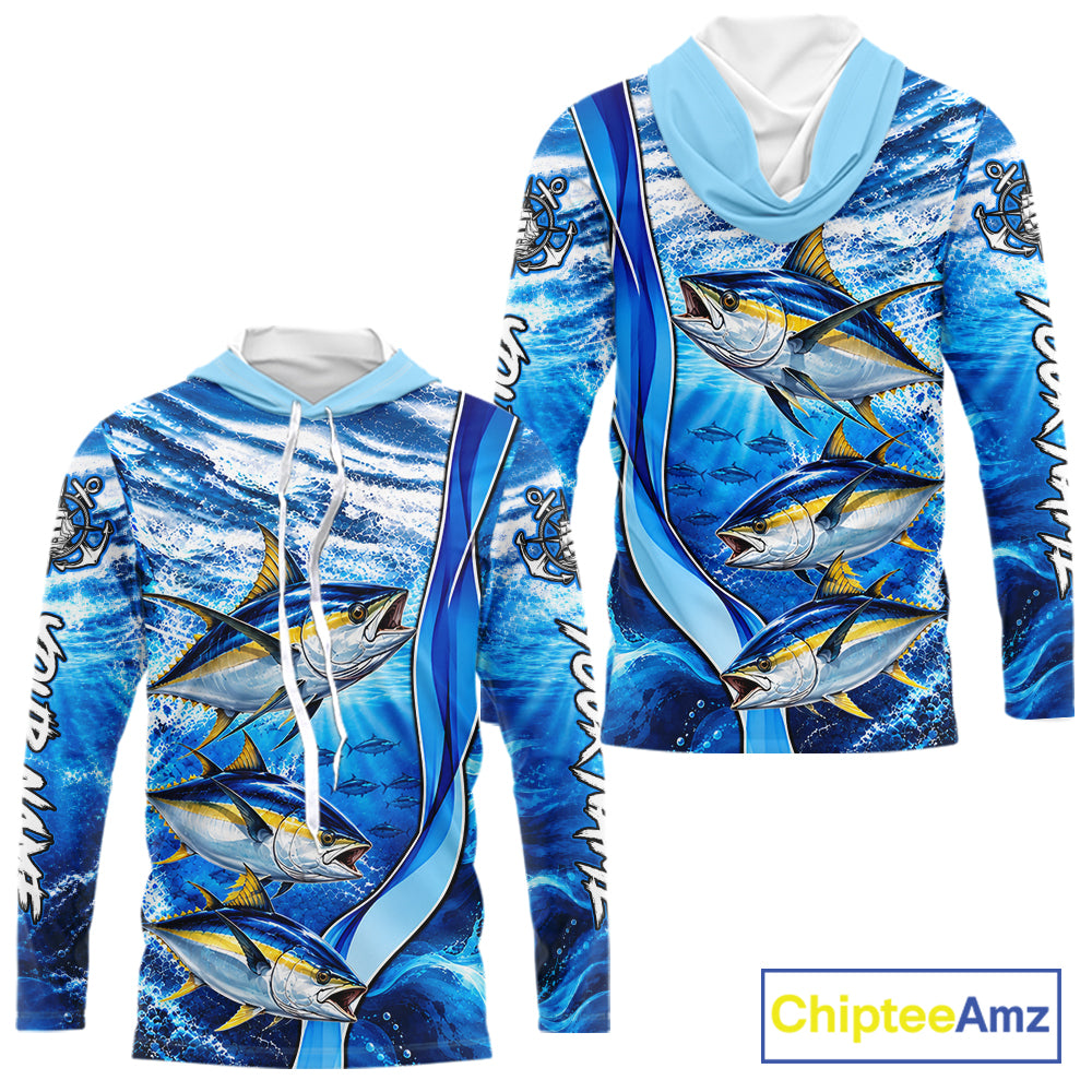 Personalized Tuna Fishing Shirt Hooded Long Sleeve Ocean Anchor Performance Angler Apparel NHT1823