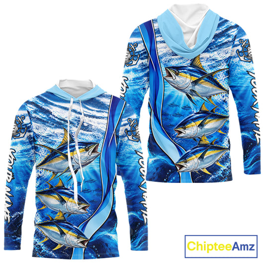 Personalized Tuna Fishing Shirt Hooded Long Sleeve Ocean Anchor Performance Angler Apparel NHT1823