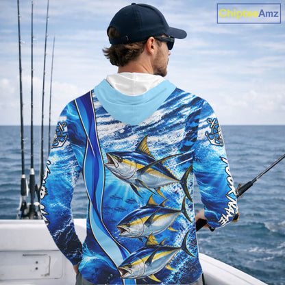 Personalized Tuna Fishing Shirt Hooded Long Sleeve Ocean Anchor Performance Angler Apparel NHT1823