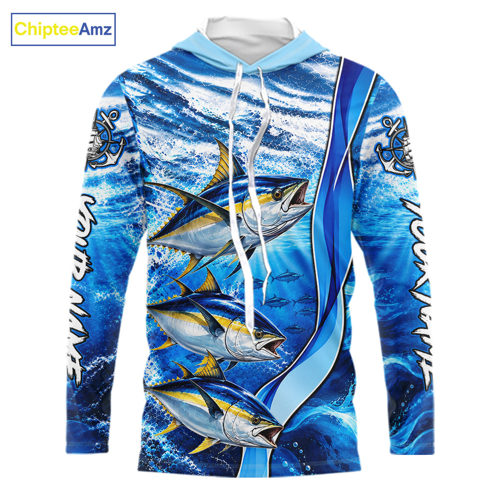 Personalized Tuna Fishing Shirt Hooded Long Sleeve Ocean Anchor Performance Angler Apparel NHT1823