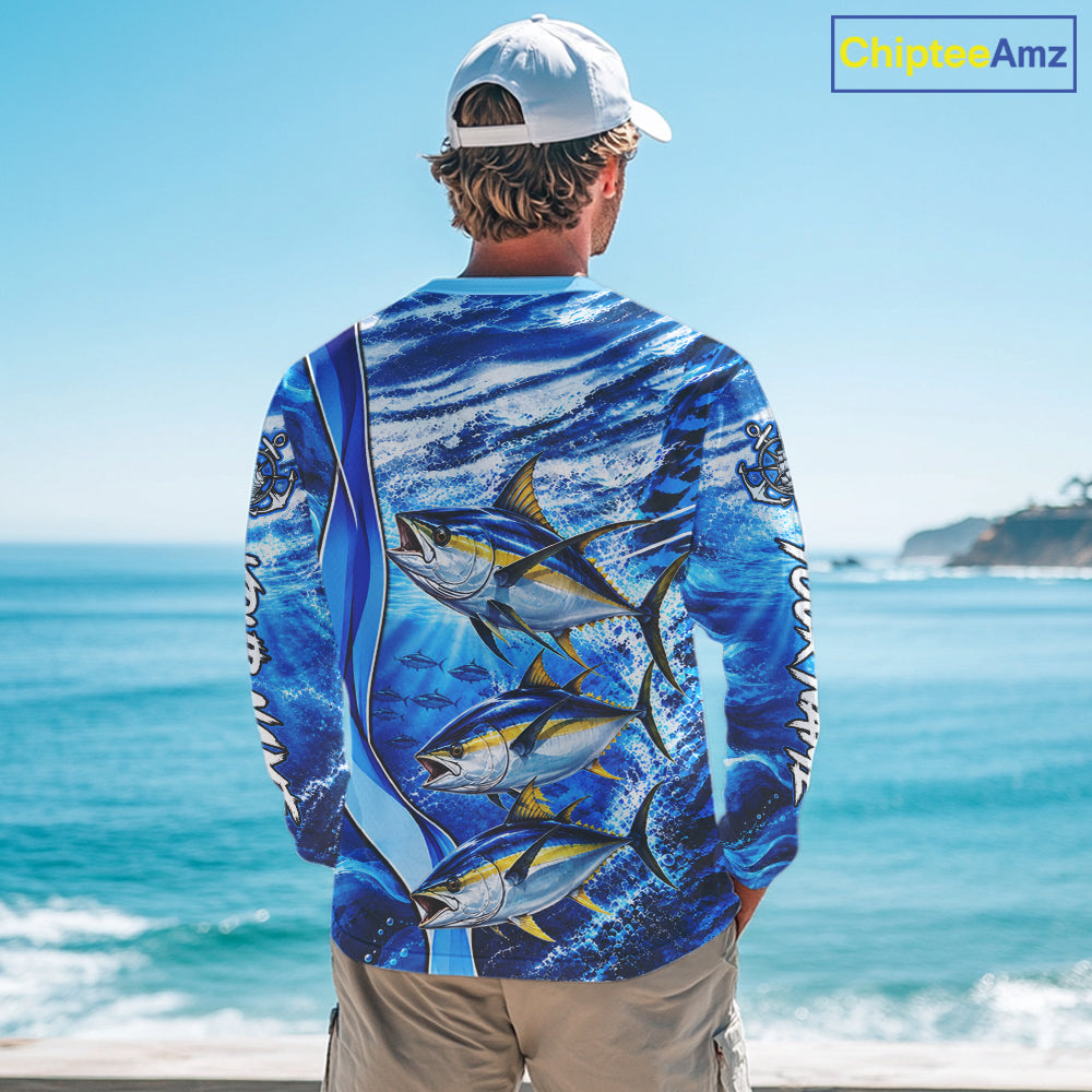 Personalized Tuna Fishing Shirt Long Sleeve Ocean Anchor Performance Angler Apparel NHT1823