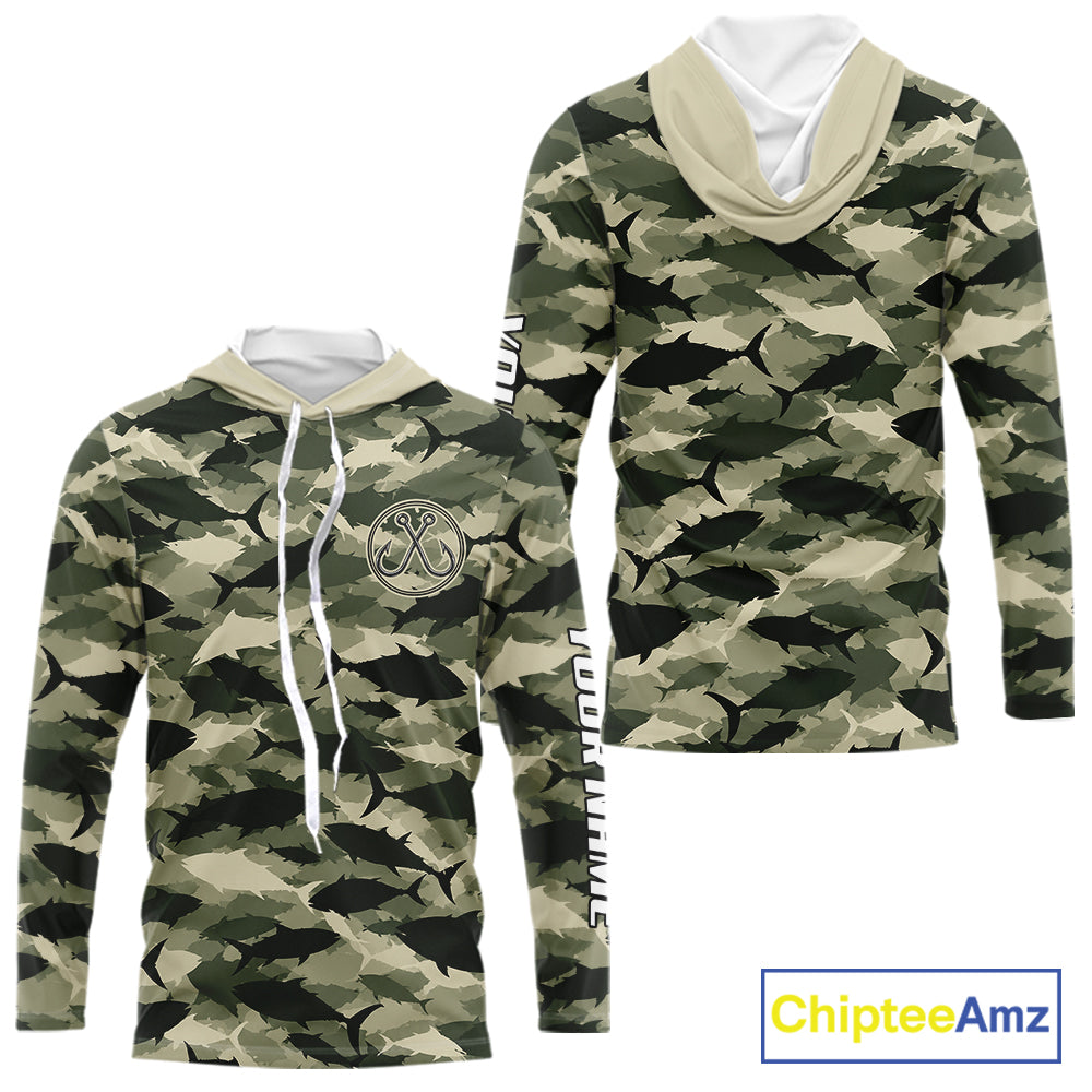 Personalized Tuna Camo Fishing Shirt Hooded Long Sleeve Green Fish Camouflage Angler Apparel NHT1824