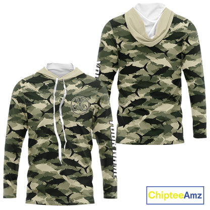 Personalized Tuna Camo Fishing Shirt Hooded Long Sleeve Green Fish Camouflage Angler Apparel NHT1824