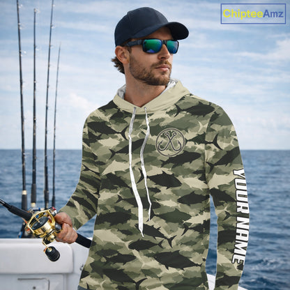 Personalized Tuna Camo Fishing Shirt Hooded Long Sleeve Green Fish Camouflage Angler Apparel NHT1824