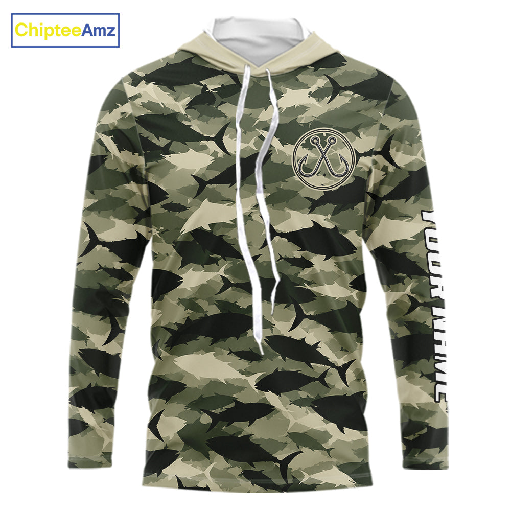 Personalized Tuna Camo Fishing Shirt Hooded Long Sleeve Green Fish Camouflage Angler Apparel NHT1824