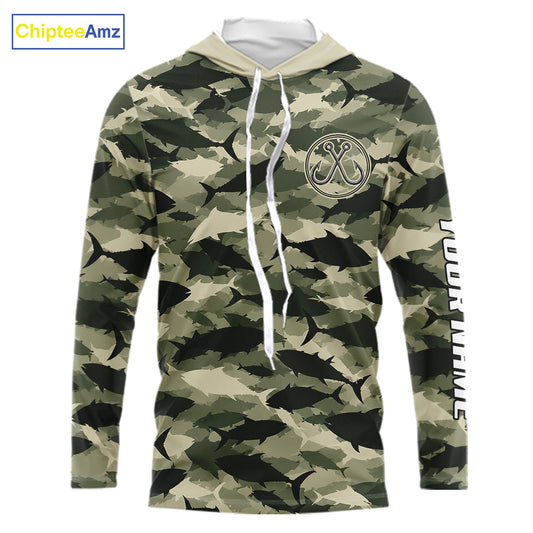 Personalized Tuna Camo Fishing Shirt Hooded Long Sleeve Green Fish Camouflage Angler Apparel NHT1824