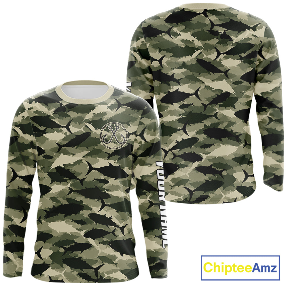 Personalized Tuna Camo Fishing Shirt Long Sleeve Green Fish Camouflage Angler Apparel NHT1824