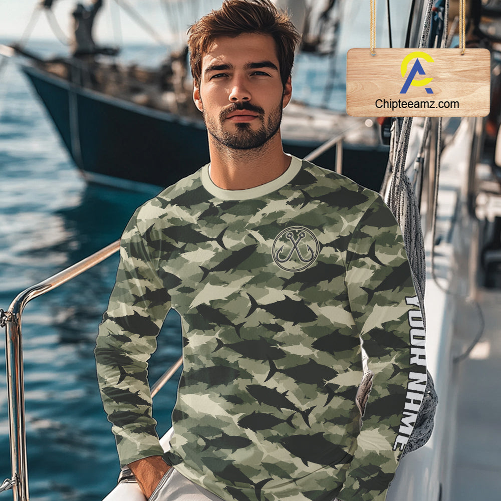 Personalized Tuna Camo Fishing Shirt Long Sleeve Green Fish Camouflage Angler Apparel NHT1824