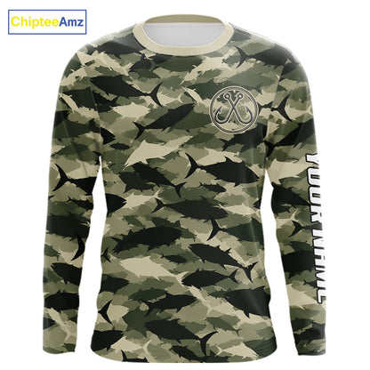 Personalized Tuna Camo Fishing Shirt Long Sleeve Green Fish Camouflage Angler Apparel NHT1824