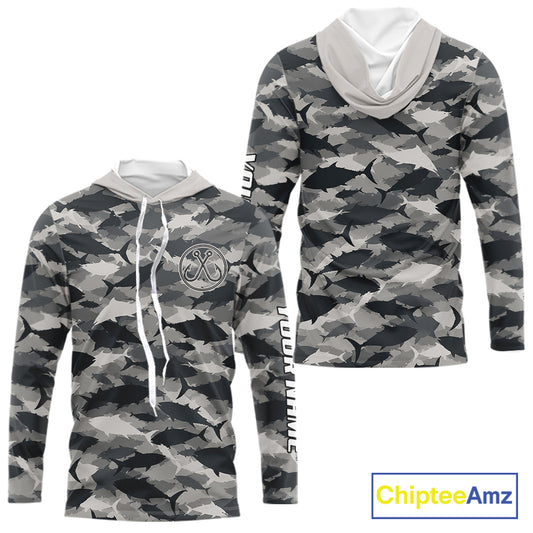 Personalized Tuna Camo Fishing Shirt Hooded Long Sleeve Black Grey Fish Camouflage Angler Apparel NHT1825