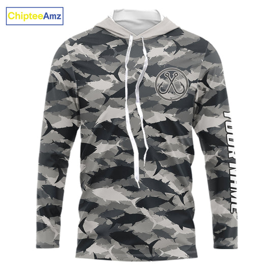 Personalized Tuna Camo Fishing Shirt Hooded Long Sleeve Black Grey Fish Camouflage Angler Apparel NHT1825