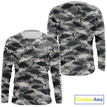 Personalized Tuna Camo Fishing Shirt Long Sleeve Black Grey Fish Camouflage Angler Apparel NHT1825