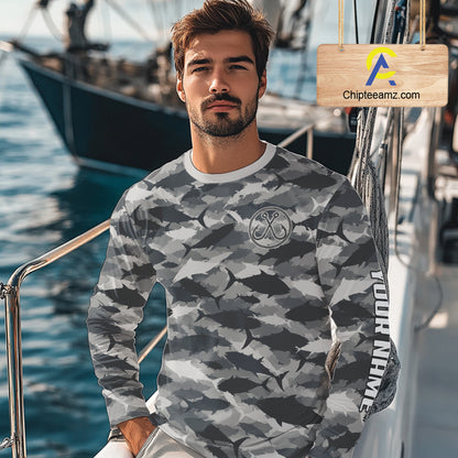 Personalized Tuna Camo Fishing Shirt Long Sleeve Black Grey Fish Camouflage Angler Apparel NHT1825