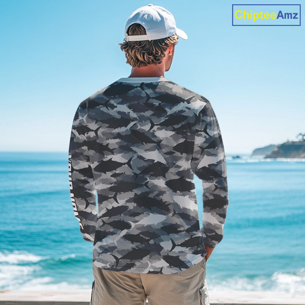 Personalized Tuna Camo Fishing Shirt Long Sleeve Black Grey Fish Camouflage Angler Apparel NHT1825