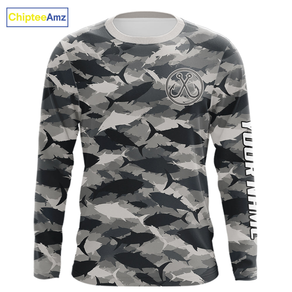 Personalized Tuna Camo Fishing Shirt Long Sleeve Black Grey Fish Camouflage Angler Apparel NHT1825