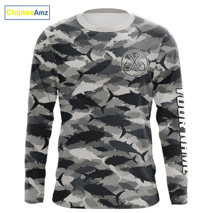 Personalized Tuna Camo Fishing Shirt Long Sleeve Black Grey Fish Camouflage Angler Apparel NHT1825