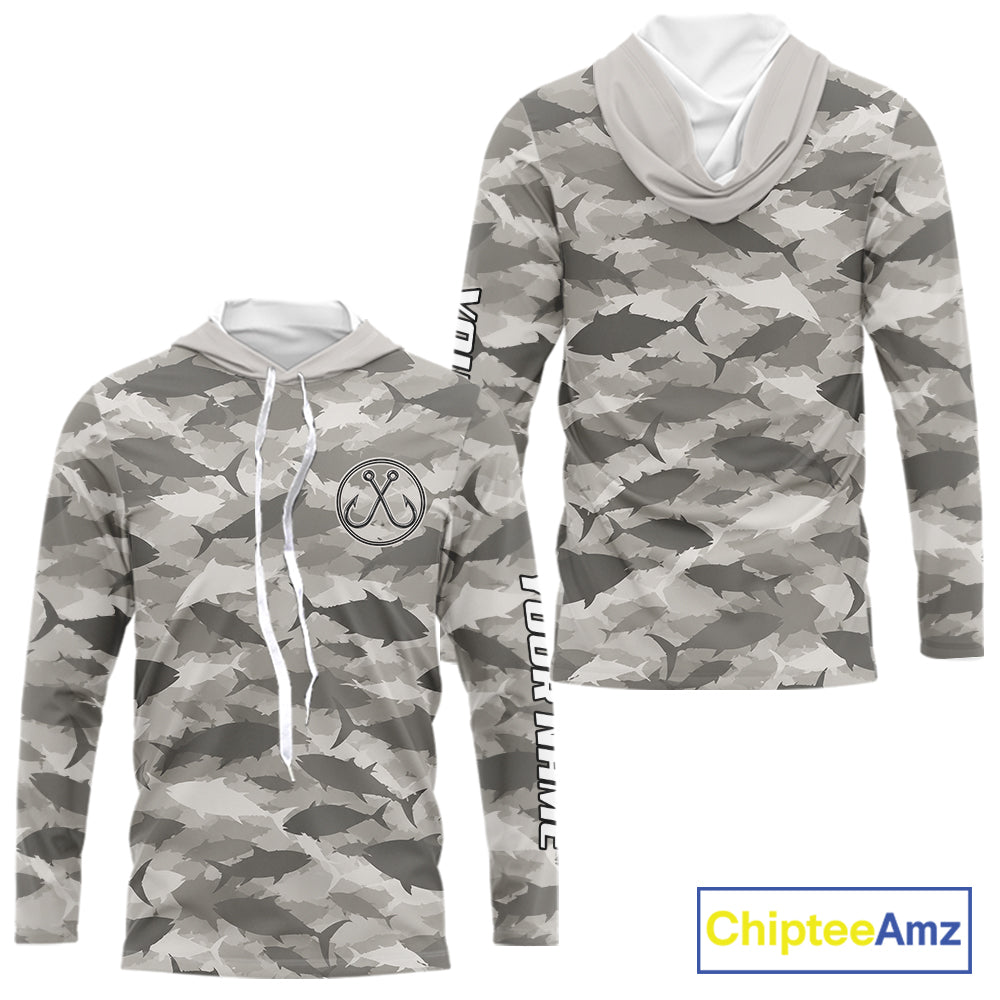 Personalized Tuna Camo Fishing Shirt Hooded Long Sleeve Grey Fish Camouflage Angler Apparel NHT1826