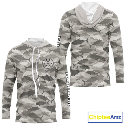 Personalized Tuna Camo Fishing Shirt Hooded Long Sleeve Grey Fish Camouflage Angler Apparel NHT1826