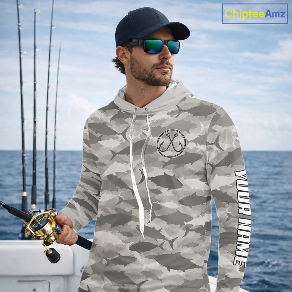 Personalized Tuna Camo Fishing Shirt Hooded Long Sleeve Grey Fish Camouflage Angler Apparel NHT1826