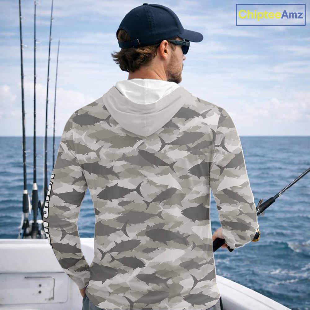 Personalized Tuna Camo Fishing Shirt Hooded Long Sleeve Grey Fish Camouflage Angler Apparel NHT1826