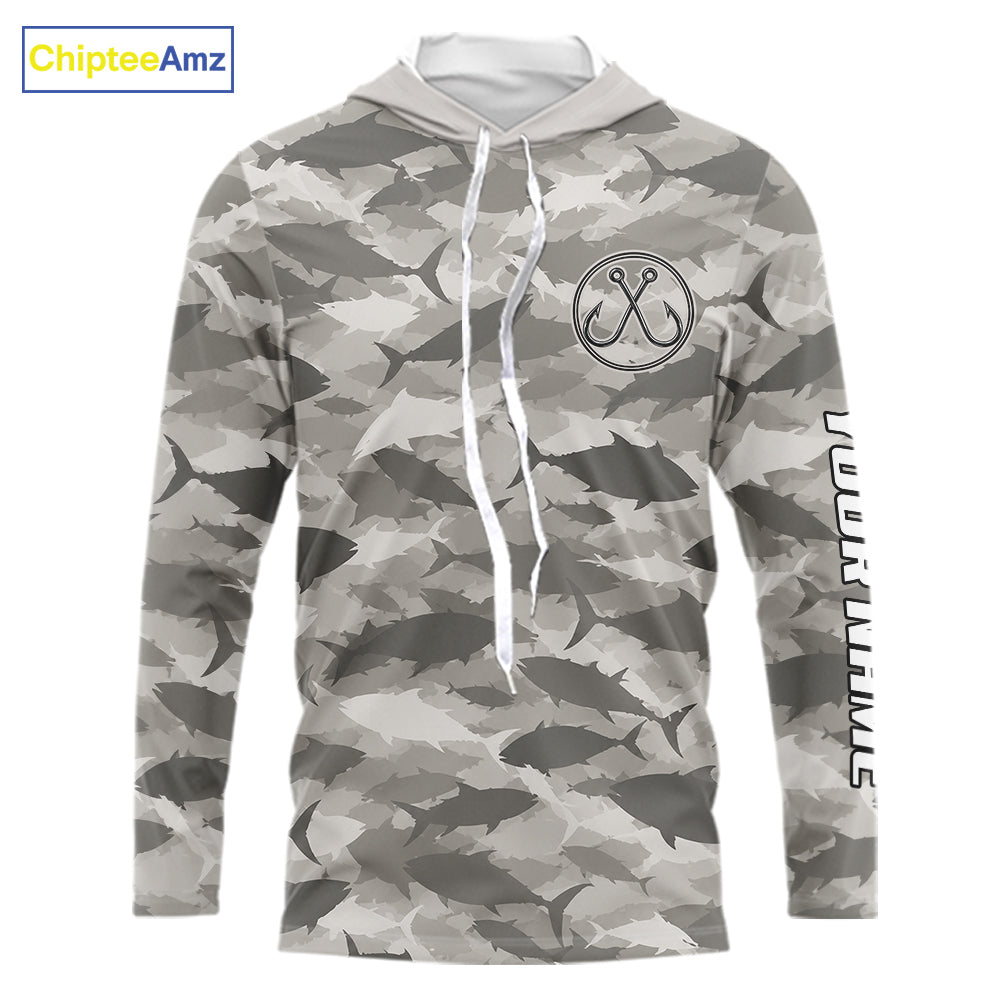 Personalized Tuna Camo Fishing Shirt Hooded Long Sleeve Grey Fish Camouflage Angler Apparel NHT1826