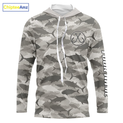 Personalized Tuna Camo Fishing Shirt Hooded Long Sleeve Grey Fish Camouflage Angler Apparel NHT1826