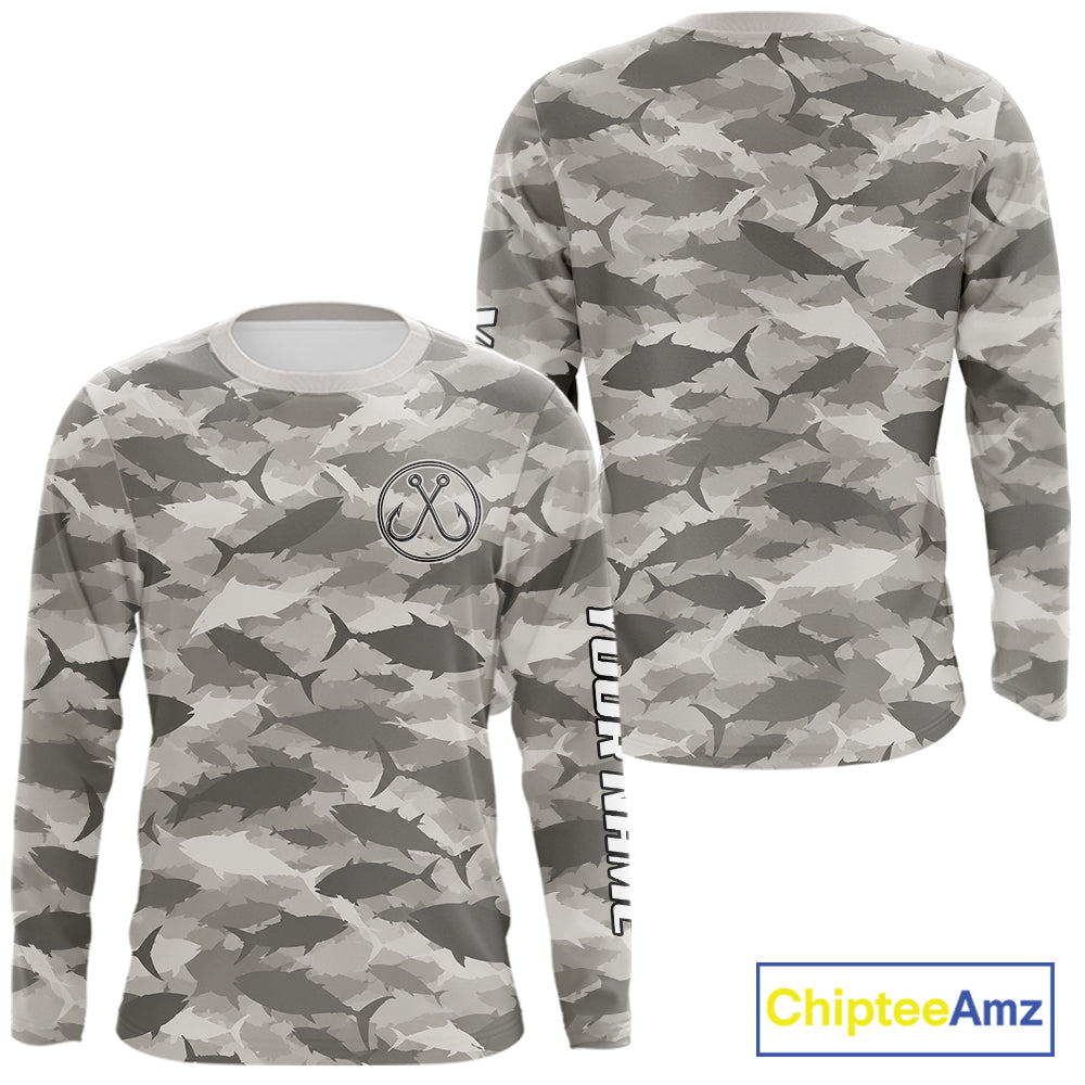 Personalized Tuna Camo Fishing Shirt Long Sleeve Grey Fish Camouflage Angler Apparel NHT1826