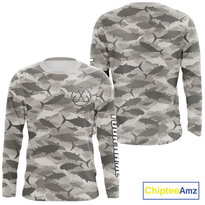 Personalized Tuna Camo Fishing Shirt Long Sleeve Grey Fish Camouflage Angler Apparel NHT1826