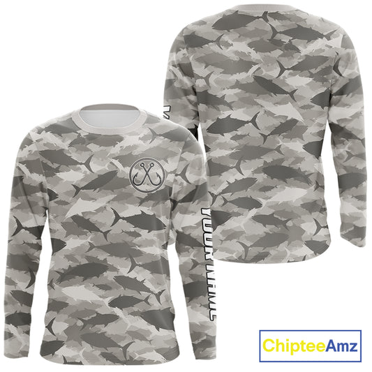 Personalized Tuna Camo Fishing Shirt Long Sleeve Grey Fish Camouflage Angler Apparel NHT1826