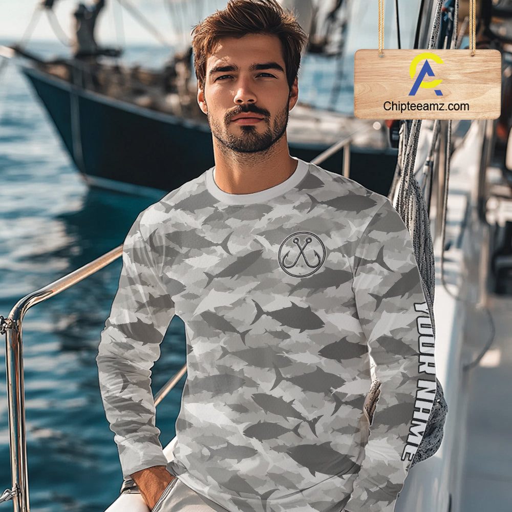 Personalized Tuna Camo Fishing Shirt Long Sleeve Grey Fish Camouflage Angler Apparel NHT1826
