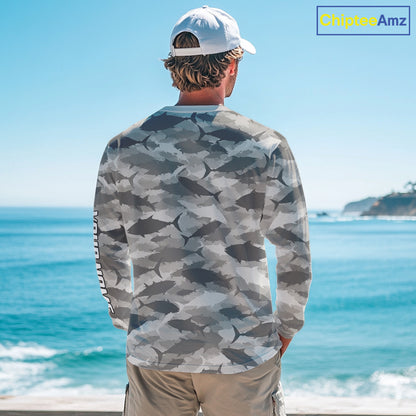 Personalized Tuna Camo Fishing Shirt Long Sleeve Grey Fish Camouflage Angler Apparel NHT1826