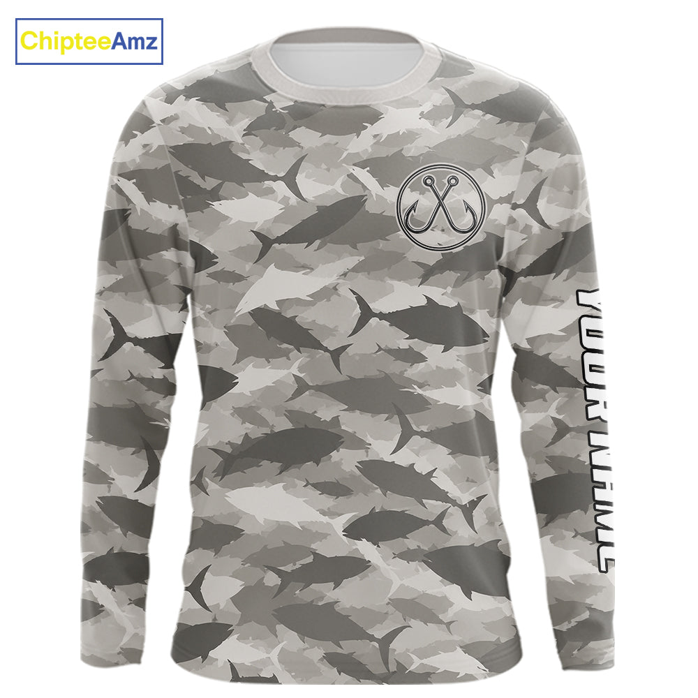 Personalized Tuna Camo Fishing Shirt Long Sleeve Grey Fish Camouflage Angler Apparel NHT1826