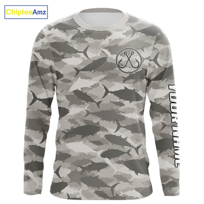 Personalized Tuna Camo Fishing Shirt Long Sleeve Grey Fish Camouflage Angler Apparel NHT1826
