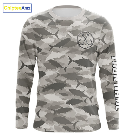 Personalized Tuna Camo Fishing Shirt Long Sleeve Grey Fish Camouflage Angler Apparel NHT1826