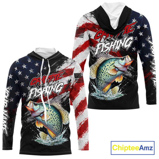 American Flag Crappie Hooded Fishing Shirt For Men, Personalized Crappie Fishing Apparel