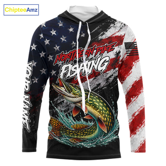 American Flag Northern Pike Hooded Fishing Shirt For Men, Personalized Northern Pike Fishing Apparel