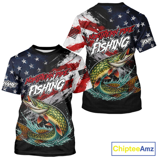 American Flag Northern Pike Fishing T-Shirt For Men, Personalized Northern Pike Fishing Apparel
