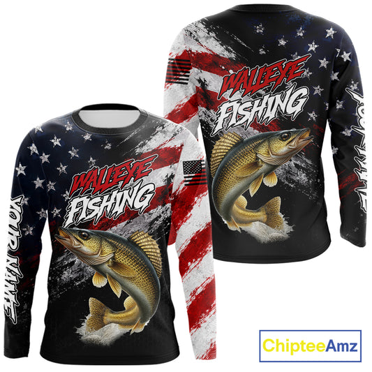 American Flag Walleye Fishing Shirt For Men, Personalized Walleye Fishing Apparel