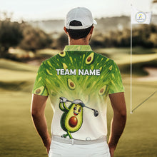 Load image into Gallery viewer, Person wearing a green and white polo shirt with avocado design and 'Team Name' text on a golf course.