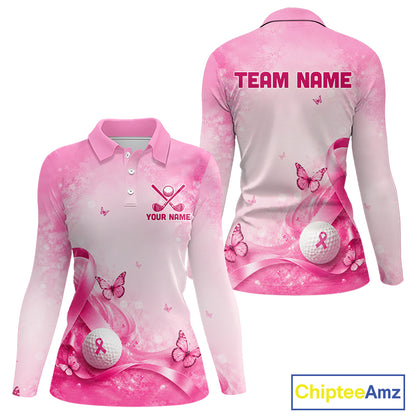 Women Golf Shirt Breast Cancer Awareness Pink Ribbon Butterfly, Custom Name Team Golf Polo NHT1492