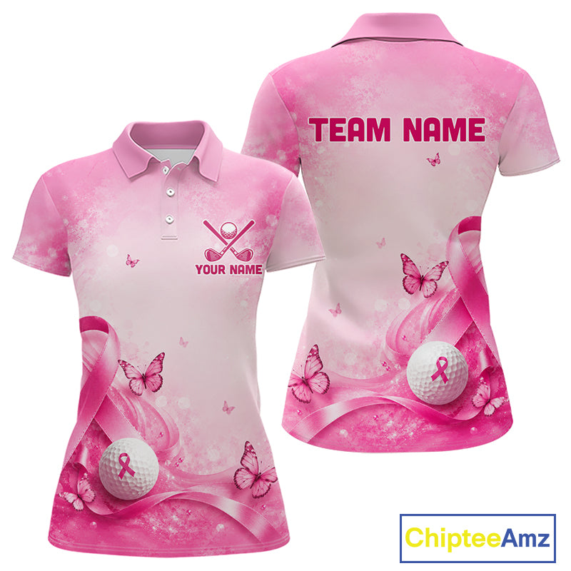 Women Golf Shirt Breast Cancer Awareness Pink Ribbon Butterfly, Custom Name Team Golf Polo NHT1492