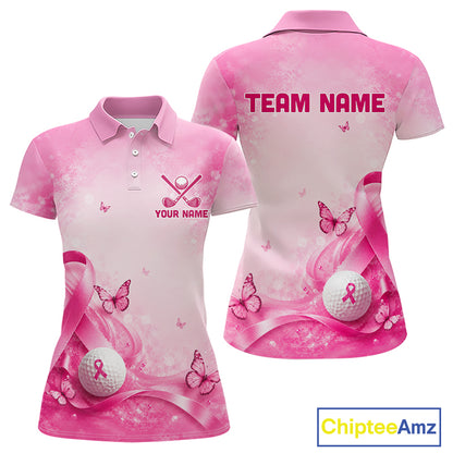 Women Golf Shirt Breast Cancer Awareness Pink Ribbon Butterfly, Custom Name Team Golf Polo NHT1492